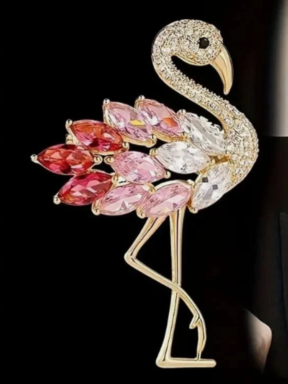 Flamingo Brooch Pink Crystals Gold Toned Tropical Bird pin